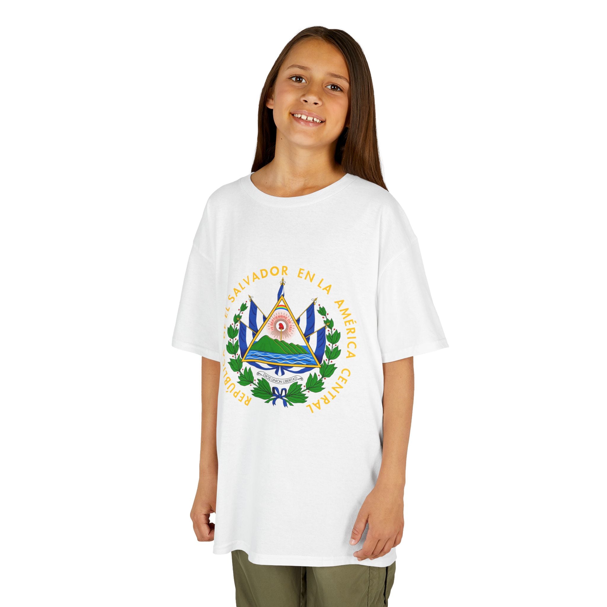 ALGODÓN GRUESO Camiseta de Niñas El Salvador Escudo Nacional de El Salvador