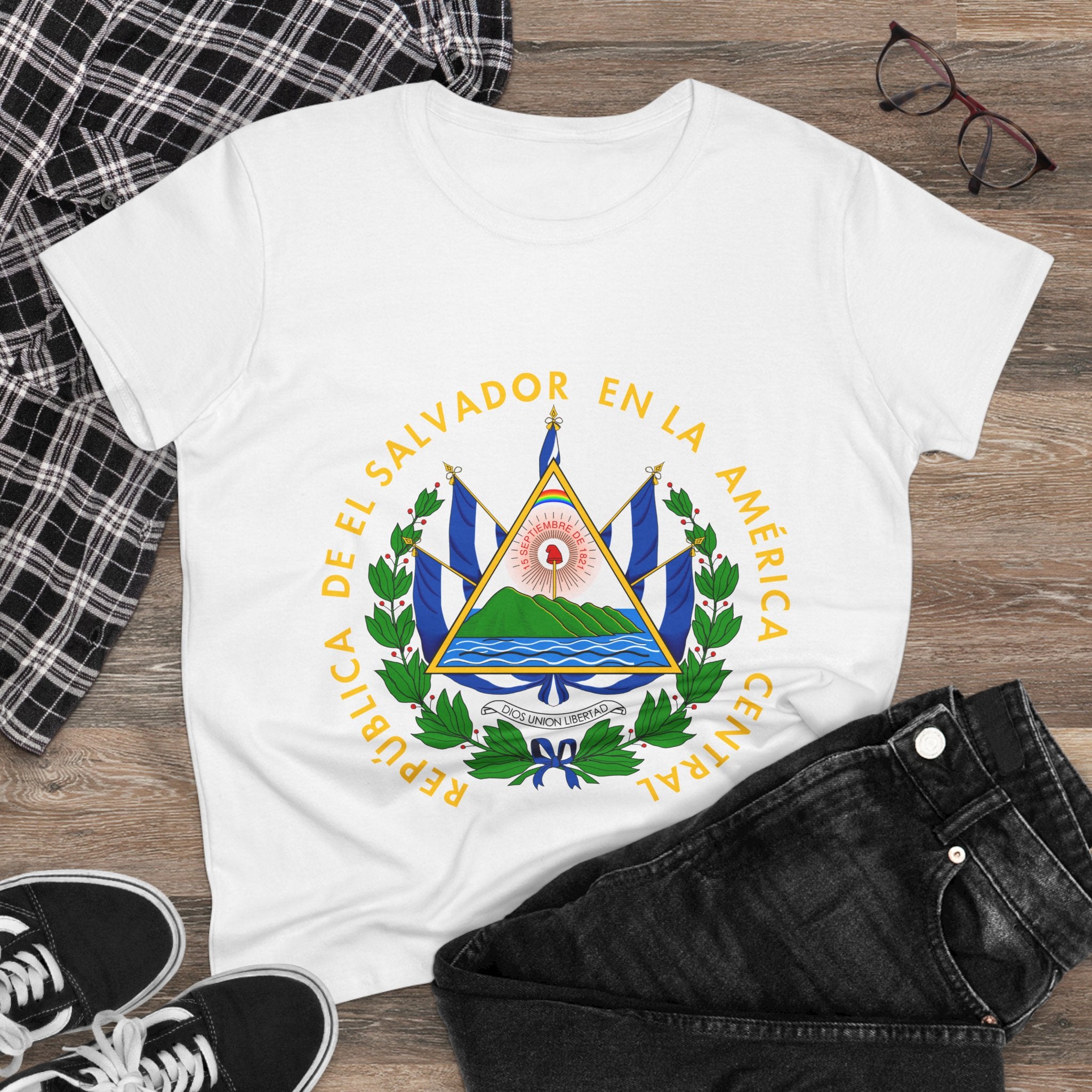 ALGODÓN DE MEDIO GROSOR Camiseta de Mujeres Escudo Nacional de El Salvador