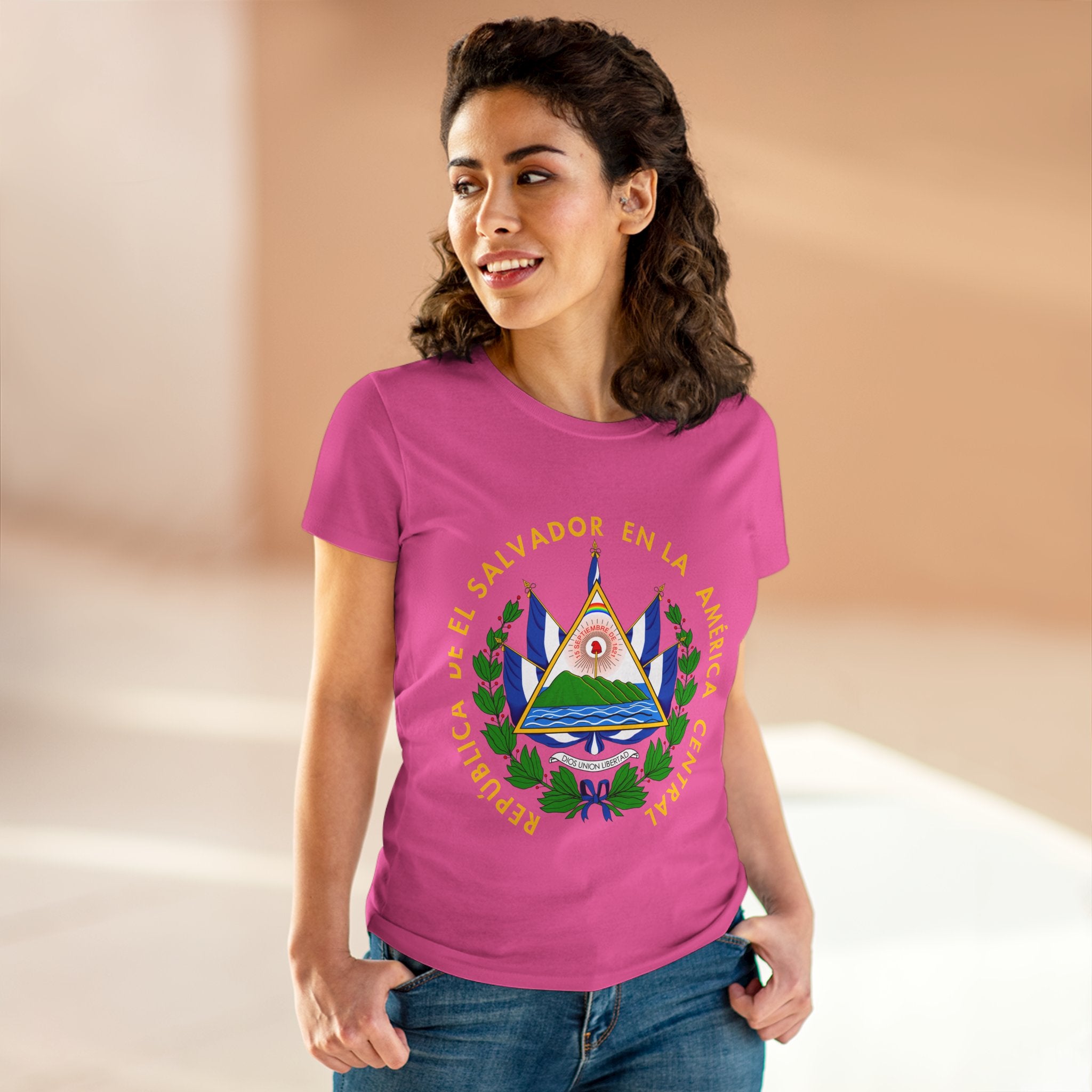 ALGODÓN DE MEDIO GROSOR Camiseta de Mujeres Escudo Nacional de El Salvador
