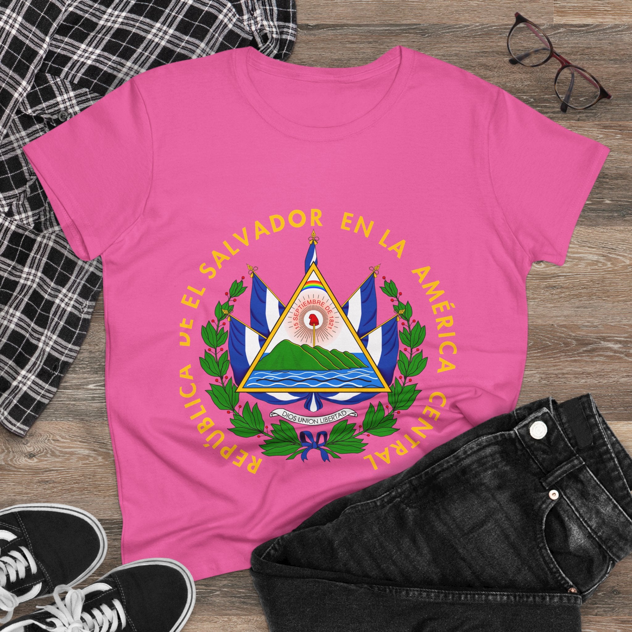 ALGODÓN DE MEDIO GROSOR Camiseta de Mujeres Escudo Nacional de El Salvador