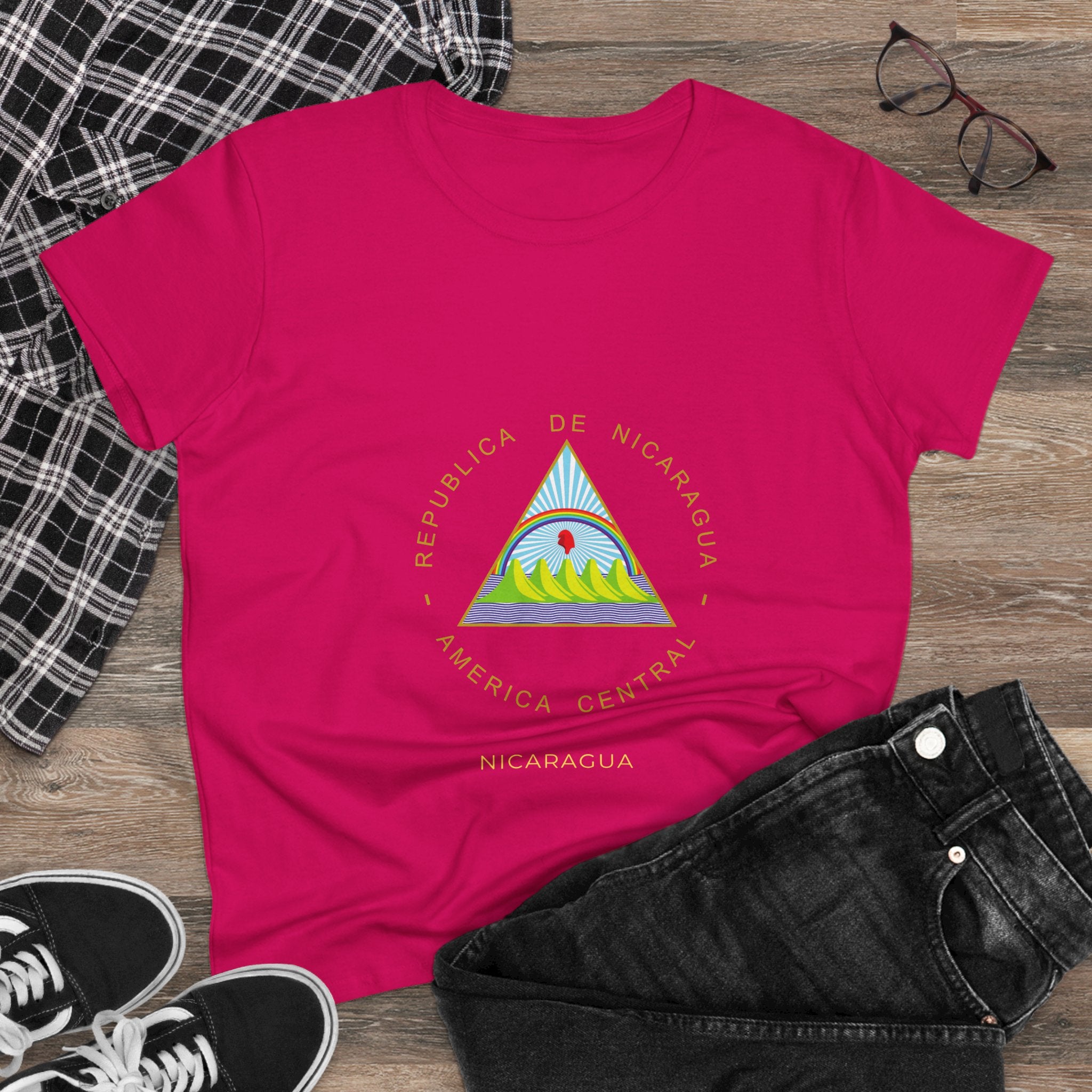 ALGODÓN DE MEDIO GROSOR Camiseta de Mujeres Nicaragua Escudo Nacional de Nicaragua