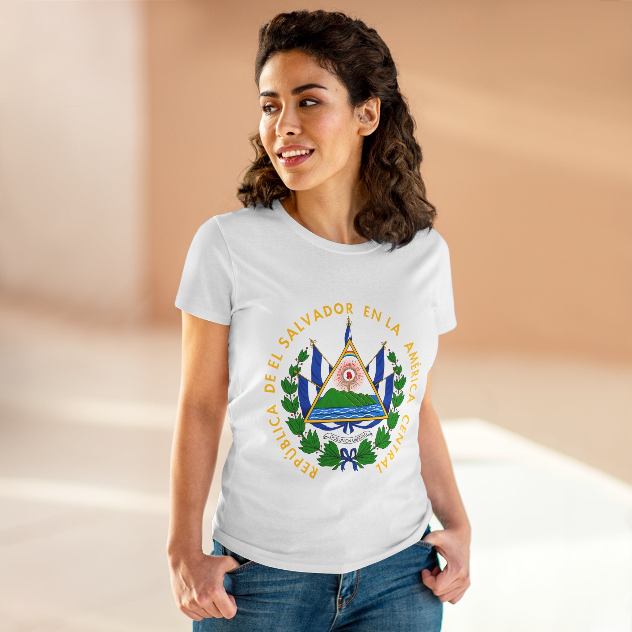 ALGODÓN DE MEDIO GROSOR Camiseta de Mujeres Escudo Nacional de El Salvador