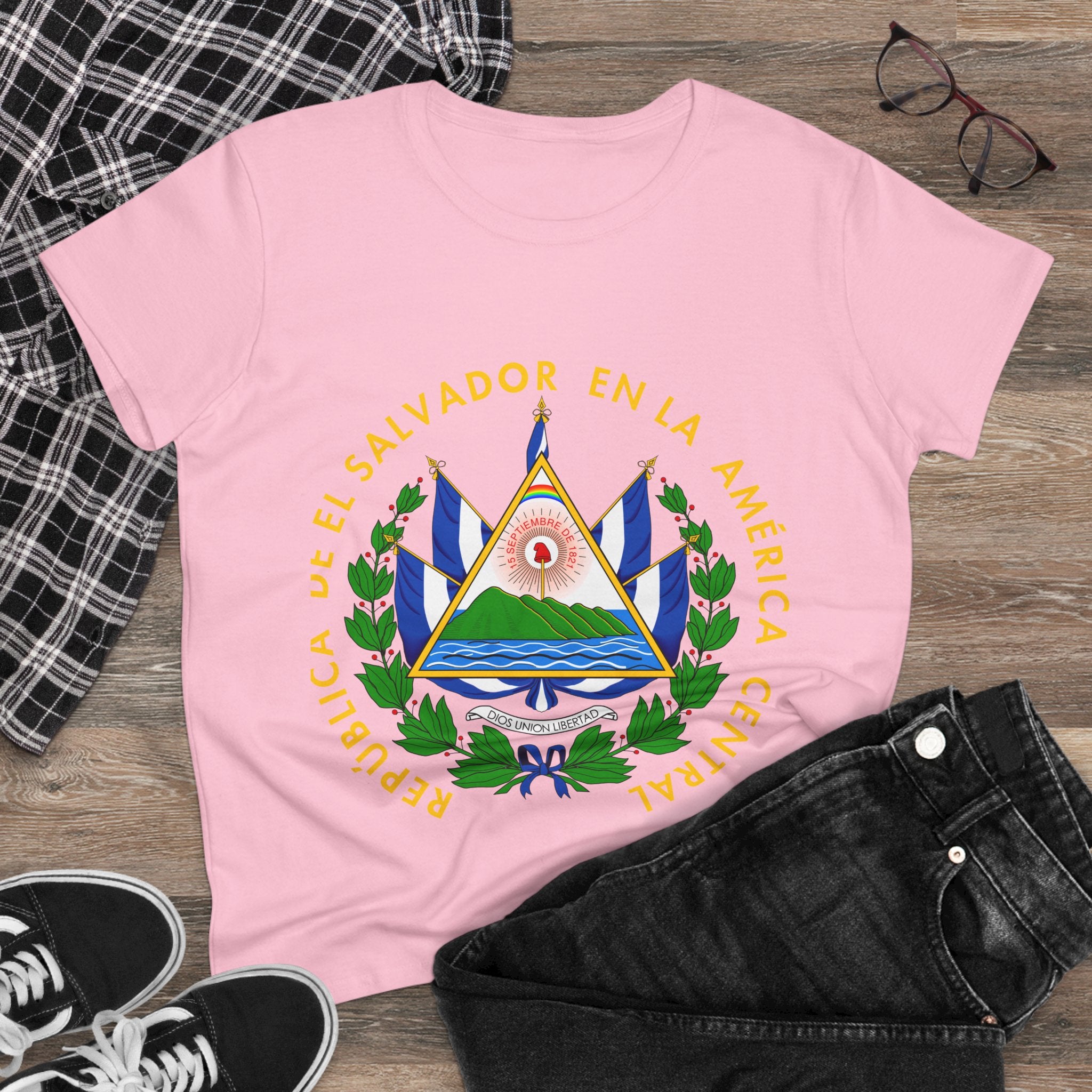 ALGODÓN DE MEDIO GROSOR Camiseta de Mujeres Escudo Nacional de El Salvador