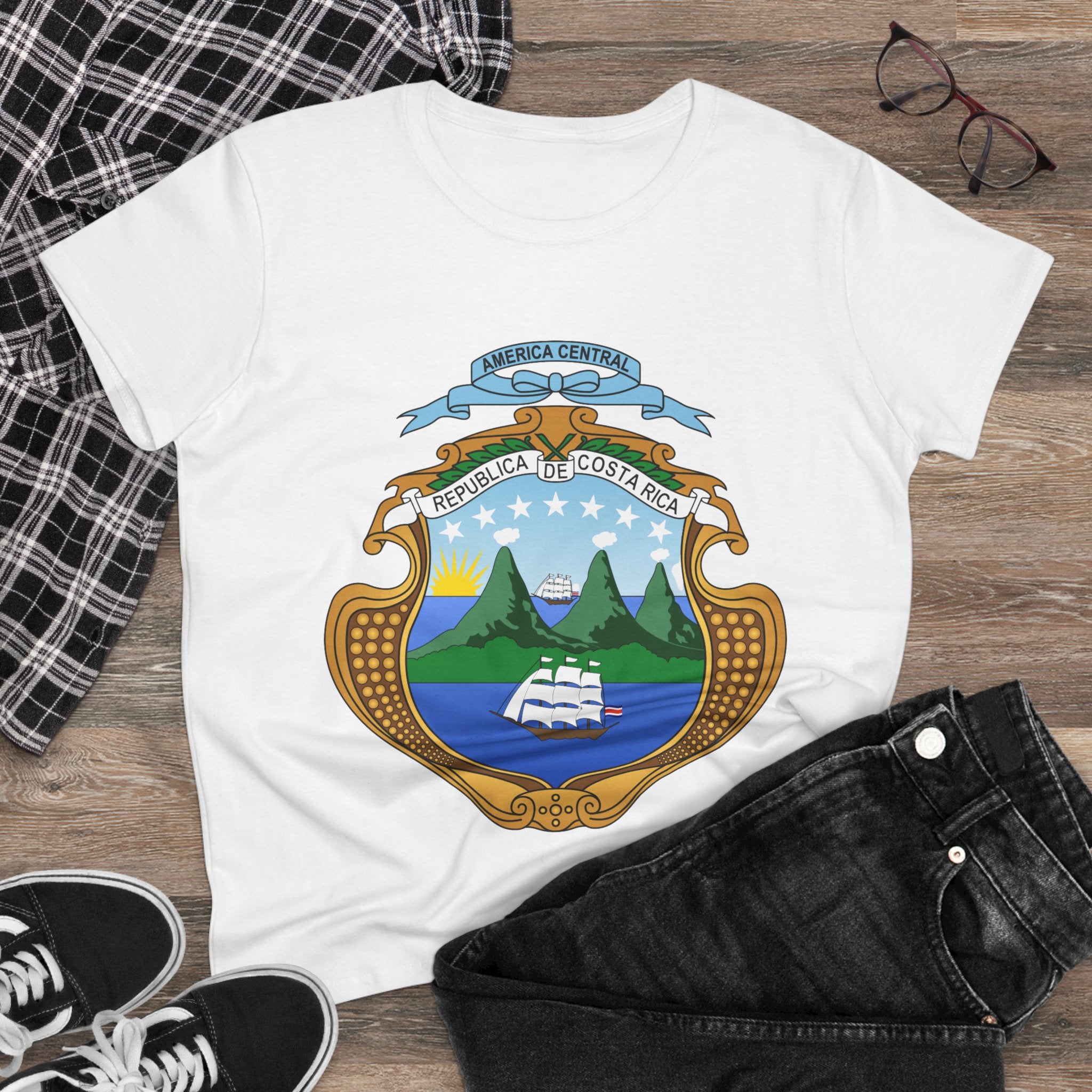ALGODÓN DE MEDIO GROSOR Camiseta de Mujeres Costa Rica Escudo Nacional de Costa Rica