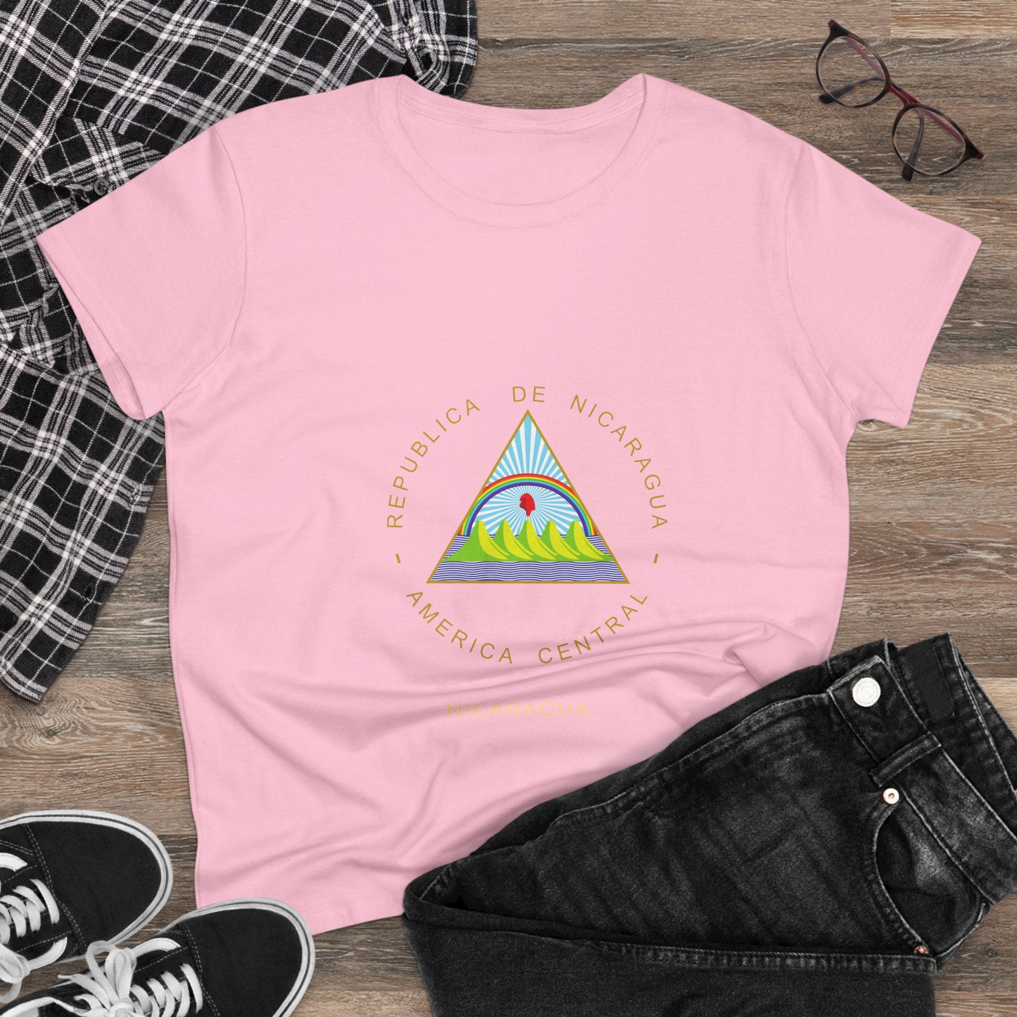 ALGODÓN DE MEDIO GROSOR Camiseta de Mujeres Nicaragua Escudo Nacional de Nicaragua