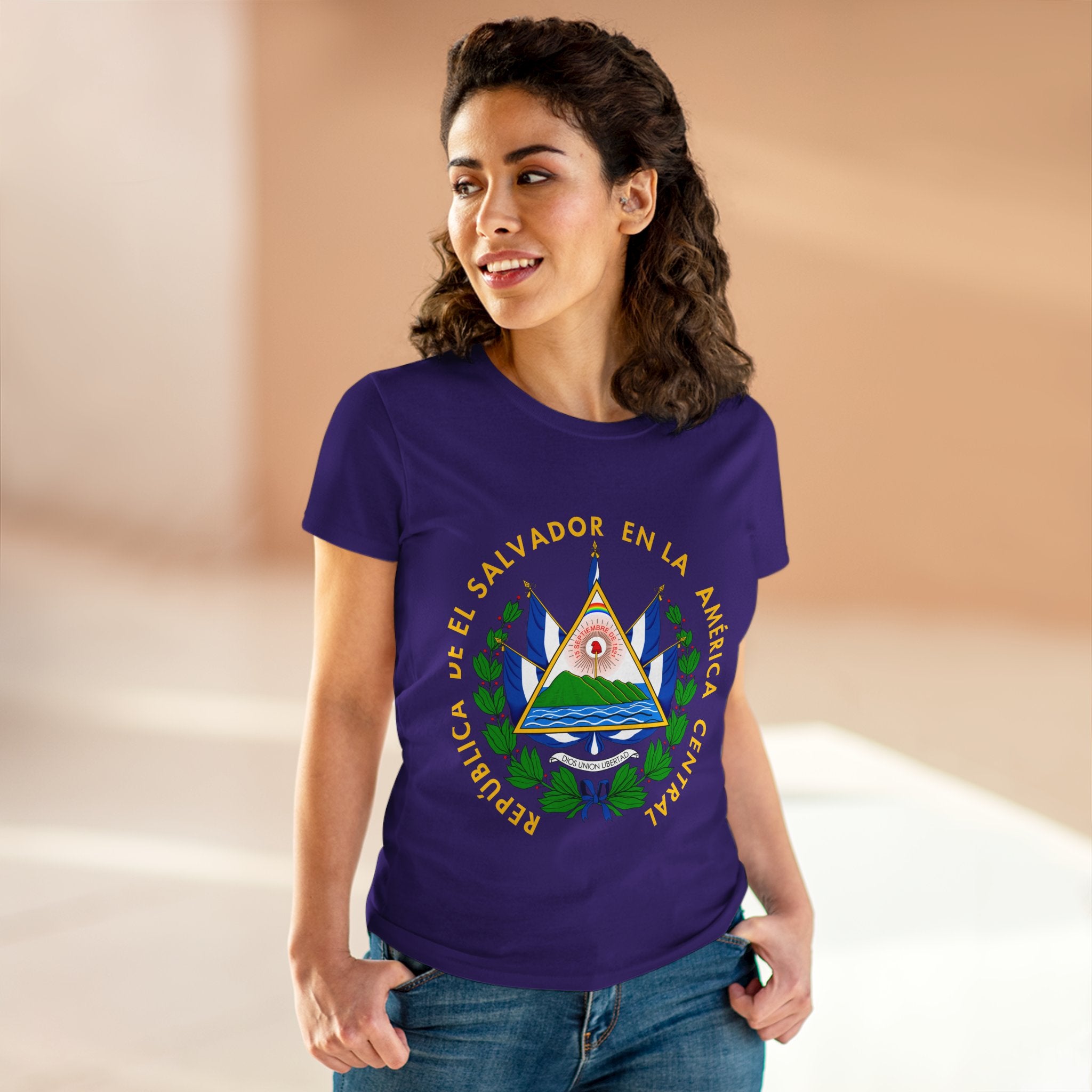 ALGODÓN DE MEDIO GROSOR Camiseta de Mujeres Escudo Nacional de El Salvador