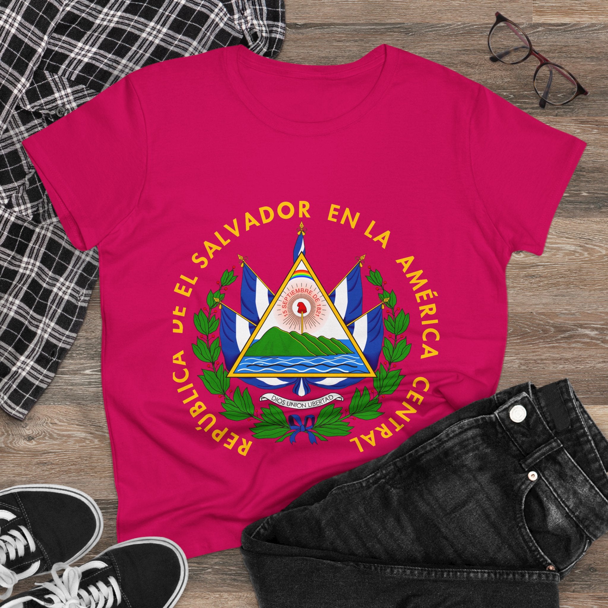 ALGODÓN DE MEDIO GROSOR Camiseta de Mujeres Escudo Nacional de El Salvador