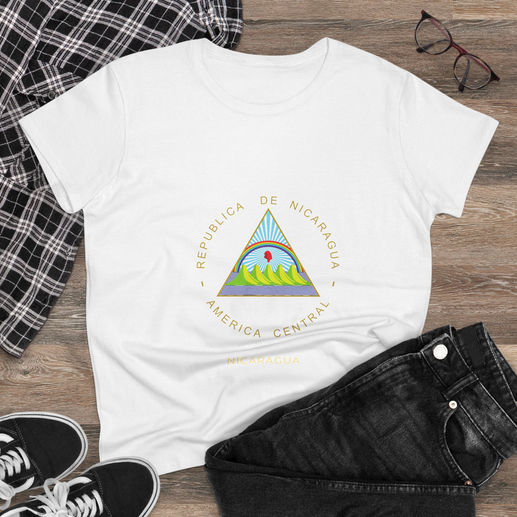 ALGODÓN DE MEDIO GROSOR Camiseta de Mujeres Nicaragua Escudo Nacional de Nicaragua