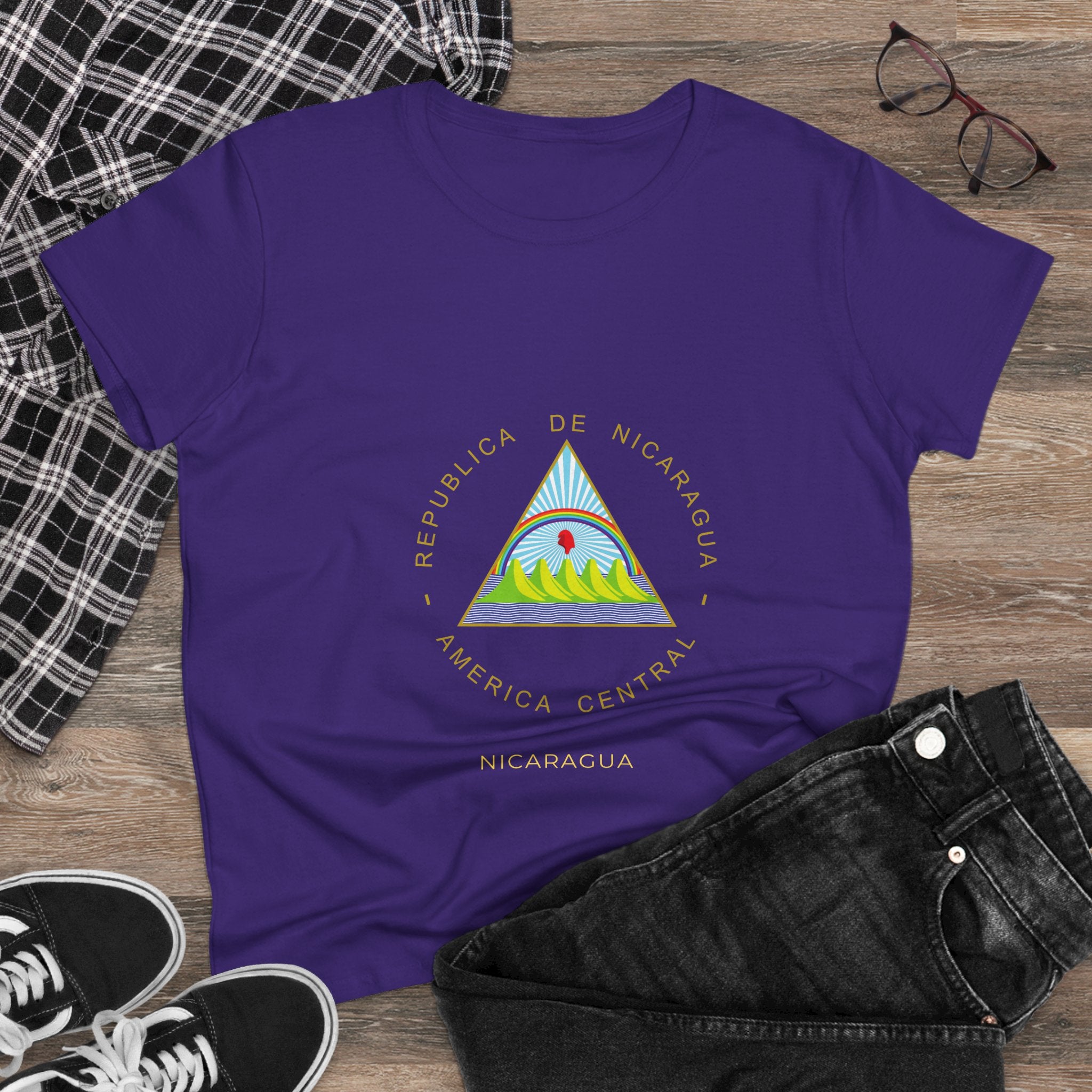 ALGODÓN DE MEDIO GROSOR Camiseta de Mujeres Nicaragua Escudo Nacional de Nicaragua